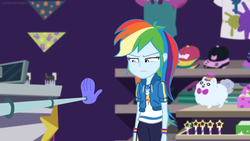 Size: 1600x900 | Tagged: safe, screencap, rainbow dash, dog, equestria girls, equestria girls series, g4, holidays unwrapped, spoiler:eqg series (season 2), cap, clothes, female, geode of super speed, hand, hat, magical geodes, shelf, shirt, shop, solo, staff, stars, toy, unamused, unimpressed, wand, wristband