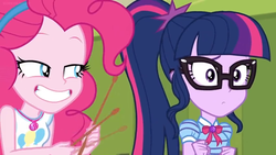 Size: 1600x900 | Tagged: safe, screencap, pinkie pie, sci-twi, twilight sparkle, equestria girls, equestria girls specials, g4, my little pony equestria girls: better together, my little pony equestria girls: holidays unwrapped, o come all ye squashful, bowtie, clothes, drumsticks, female, geode of sugar bombs, geode of telekinesis, glasses, magical geodes, ponytail, smiling, teeth