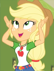 Size: 690x900 | Tagged: safe, screencap, applejack, equestria girls, equestria girls series, g4, holidays unwrapped, spoiler:eqg series (season 2), applejack's hat, clothes, cowboy hat, cropped, cute, denim skirt, female, geode of super strength, hands on head, happy, hat, jackabetes, magical geodes, skirt, solo