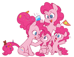 Size: 4338x3355 | Tagged: safe, artist:chub-wub, part of a set, pinkie pie, earth pony, pony, g4, the last problem, age progression, bipedal, cute, diapinkes, female, filly, filly pinkie pie, flag, mare, multeity, older, older pinkie pie, one eye closed, open mouth, party horn, pinkamena diane pie, self ponidox, simple background, smiling, solo, too much pink energy is dangerous, white background, younger