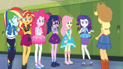 Size: 1600x900 | Tagged: safe, screencap, applejack, fluttershy, pinkie pie, rainbow dash, rarity, sci-twi, sunset shimmer, twilight sparkle, equestria girls, equestria girls series, g4, holidays unwrapped, spoiler:eqg series (season 2), belt, boots, bowtie, clothes, cowboy hat, denim skirt, dress, female, freckles, geode of empathy, geode of fauna, geode of sugar bombs, geode of super speed, geode of telekinesis, glasses, hat, humane five, humane seven, humane six, jacket, lockers, magical geodes, miniskirt, pants, pantyhose, ponytail, shoes, skirt, socks, stetson, stockings, thigh highs, wristband