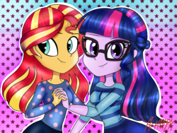 Size: 2048x1536 | Tagged: safe, artist:artmlpk, sci-twi, sunset shimmer, twilight sparkle, equestria girls, g4, alternate hairstyle, cute, design, duo, holding hands, shimmerbetes, twiabetes