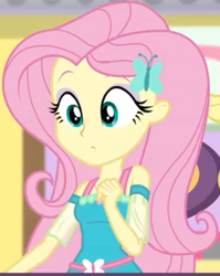 Size: 497x625 | Tagged: safe, screencap, fluttershy, butterfly, equestria girls, equestria girls series, g4, holidays unwrapped, spoiler:eqg series (season 2), chair, clothes, cropped, cute, dress, female, geode of fauna, hairclip, jewelry, magical geodes, mall, necklace, raised eyebrows, shyabetes, sitting, solo, table
