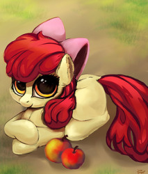 Size: 1460x1711 | Tagged: safe, artist:tijopi, apple bloom, earth pony, pony, g4, adorabloom, apple, blank flank, cute, dock, ear fluff, female, filly, food, looking at you, prone, solo