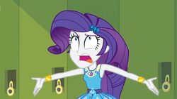 Size: 1600x900 | Tagged: safe, screencap, rarity, equestria girls, equestria girls specials, g4, my little pony equestria girls: better together, my little pony equestria girls: holidays unwrapped, braces, clothes, dress, faic, female, geode of shielding, lockers, looking up, magical geodes, open mouth, solo