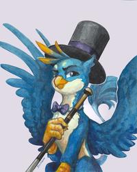 Size: 1280x1603 | Tagged: safe, artist:jewellier, gallus, griffon, g4, bowtie, cane, classy, dapper, hat, male, quadrupedal, simple background, smiling, solo, spread wings, top hat, traditional art, white background, wings