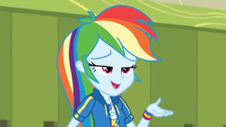 Size: 1600x900 | Tagged: safe, screencap, rainbow dash, equestria girls, equestria girls specials, g4, my little pony equestria girls: better together, my little pony equestria girls: holidays unwrapped, bedroom eyes, female, geode of super speed, lockers, magical geodes, wristband