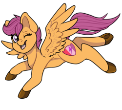 Size: 2000x1800 | Tagged: safe, artist:booozzerd, scootaloo, pegasus, pony, g4, colored hooves, cute, cutealoo, female, filly, one eye closed, open mouth, simple background, solo, spread wings, transparent background, wings, wink