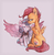 Size: 1872x1892 | Tagged: safe, artist:jewellier, princess flurry heart, scootaloo, alicorn, pegasus, pony, g4, cape, clothes, cute, eyes closed, female, flurrybetes, gray background, large wings, lidded eyes, looking back, mare, older, older flurry heart, older scootaloo, scootaloo can't fly, scootaloo will never fly, simple background, sitting, smiling, the cmc's cutie marks, traditional art, white background, wing envy, wings