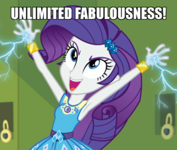 Size: 1208x1024 | Tagged: safe, edit, edited screencap, screencap, rarity, equestria girls, equestria girls series, g4, holidays unwrapped, o come all ye squashful, spoiler:eqg series (season 2), armpits, arms in the air, bracelet, canterlot high, caption, cropped, emperor palpatine, excited, fabulous, female, force lightning, geode of shielding, hallway, image macro, jewelry, lightning, lockers, mad with power, magical geodes, meme, open mouth, open smile, sith, smiling, solo, star wars, text, unlimited power