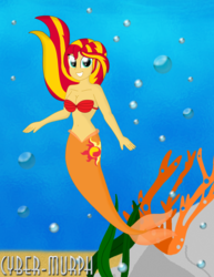 Size: 1904x2472 | Tagged: safe, artist:cyber-murph, sunset shimmer, mermaid, equestria girls, g4, belly, belly button, coral reef, cutie mark, flowing hair, mermaidized, midriff, seaweed, signature, species swap, underwater