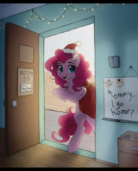 Size: 1310x1630 | Tagged: safe, artist:vird-gi, pinkie pie, earth pony, pony, g4, chest fluff, christmas, commission, ear fluff, female, gift bag, hat, holiday, looking at you, mare, open mouth, santa hat, smiling, solo, standing