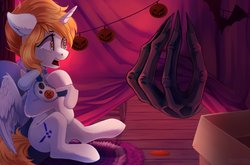 Size: 3625x2390 | Tagged: safe, artist:taneysha, oc, oc only, oc:kirarane, oc:star nai, alicorn, pony, rabbit, alicorn oc, animal, crying, halloween, hand, hide and seek, high res, holiday, monster, pillow, pumpkin, scared, ych result