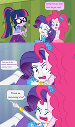 Size: 1600x2688 | Tagged: safe, edit, edited screencap, screencap, pinkie pie, sci-twi, twilight sparkle, equestria girls, equestria girls specials, g4, my little pony equestria girls: better together, my little pony equestria girls: holidays unwrapped, bowtie, cellphone, clothes, comic, dialogue, fainted, geode of telekinesis, glasses, lockers, magical geodes, miniskirt, open mouth, phone, pocket, pointing, ponytail, rarity peplum dress, screencap comic, skirt, speech bubble, yelling