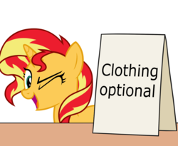 Size: 1100x900 | Tagged: safe, artist:mkogwheel edits, artist:nano23823, edit, sunset shimmer, pony, unicorn, equestria girls, g4, applejack's sign, female, mare, one eye closed, sign, simple background, solo, text, transparent background, vector, we don't normally wear clothes, wink