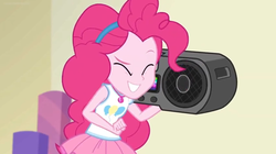 Size: 1600x898 | Tagged: safe, screencap, pinkie pie, equestria girls, equestria girls specials, g4, my little pony equestria girls: better together, my little pony equestria girls: holidays unwrapped, boombox, clothes, cute, female, geode of sugar bombs, hairband, jamming out, magical geodes, skirt, smiling, solo
