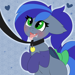 Size: 3000x3000 | Tagged: safe, artist:pegamutt, oc, oc only, oc:lunar aurora, bat pony, pony, abstract background, bat pony oc, blushing, bow, clothes, collar, dominant pov, drool, fangs, female, femsub, green eyes, high res, leash, looking up, mare, pet play, pet tag, socks, submissive, tail bow, tongue out, ych result