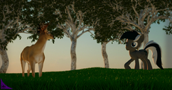 Size: 1776x931 | Tagged: safe, artist:kiodima, oc, oc:octaver, deer, pegasus, pony, 3d, cinema 4d, grass, tree