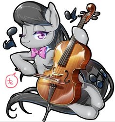 Size: 387x410 | Tagged: safe, artist:mococo, octavia melody, earth pony, pony, g4, bow (instrument), cello, cute, female, hoof hold, mare, music notes, musical instrument, one eye closed, solo, speech bubble, tavibetes, wink