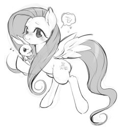 Size: 621x671 | Tagged: safe, artist:mococo, angel bunny, fluttershy, pegasus, pony, g4, blushing, cute, duo, female, grayscale, heart, mare, monochrome, shyabetes, solo, speech bubble