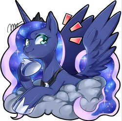 Size: 414x412 | Tagged: safe, artist:mococo, princess luna, alicorn, pony, g4, cloud, crown, cute, emanata, female, hoof shoes, jewelry, lunabetes, lying down, lying on a cloud, mare, on a cloud, regalia, simple background, solo, white background