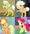 Size: 912x1026 | Tagged: safe, edit, screencap, apple bloom, applejack, goldie delicious, granny smith, earth pony, pony, g4, pinkie apple pie, the cutie pox, the last problem, apple bloom's bow, applejack's hat, bow, clothes, collar, cowboy hat, cropped, goldie delicious' shawl, granny smith's shawl, hair bow, hat, implied death, neckwear, older, older apple bloom, scarf, shawl