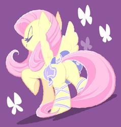 Size: 700x734 | Tagged: safe, artist:ymnsk, fluttershy, butterfly, pegasus, pony, g4, butt, clothes, cute, eyes closed, featureless crotch, female, flutterbutt, mare, miniskirt, plot, purple background, rear view, shyabetes, simple background, skirt, solo, spread wings, technically an upskirt shot, wings