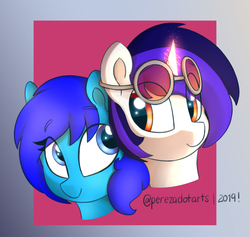 Size: 1785x1692 | Tagged: safe, artist:perezadotarts, oc, pony, unicorn, bust, colored, digital art, eye clipping through hair, glowing horn, goggles, horn, request, simple background, smiling, text