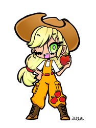 Size: 1536x2048 | Tagged: safe, artist:274_ponisama, applejack, human, g4, apple, cute, cutie mark on clothes, female, food, hand on hip, humanized, jackabetes, one eye closed, open mouth, overalls, simple background, solo, white background, wink