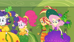 Size: 1600x900 | Tagged: safe, screencap, fluttershy, pinkie pie, rarity, sunset shimmer, equestria girls, equestria girls specials, g4, my little pony equestria girls: better together, my little pony equestria girls: holidays unwrapped, o come all ye squashful, alternate hairstyle, bracelet, braid, clothes, cornucopia costumes, costume, curls, dress, fashion, female, geode of fauna, hallway, hat, jewelry, leaves, lockers, ponytail, puffy sleeves, uncomfortable