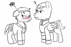 Size: 1024x676 | Tagged: safe, artist:wolftendragon, android, earth pony, pegasus, pony, robot, black and white, blushing, crossover, detroit: become human, embarrassed, gavin reed, gay, grayscale, male, monochrome, nines, ponified, rk900, simple background, stallion, stallion on stallion, tsundere, video game, white background