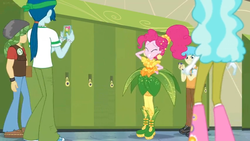 Size: 1600x900 | Tagged: safe, screencap, bright idea, captain planet, pinkie pie, sandalwood, equestria girls, equestria girls specials, g4, my little pony equestria girls: better together, my little pony equestria girls: holidays unwrapped, o come all ye squashful, alternate hairstyle, boots, cellphone, corn, cornucopia costumes, food, hallway, leaves, lockers, phone, ponytail, shoes
