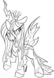 Size: 1552x2216 | Tagged: safe, artist:breloomsgarden, queen chrysalis, changeling, changeling queen, nymph, g4, chibi, commission, commissioner:kaifloof, crown, cute, cutealis, female, grayscale, jewelry, looking at you, monochrome, regalia, signature, simple background, smiling, solo, white background