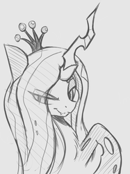 Size: 634x849 | Tagged: safe, artist:tre, queen chrysalis, changeling, changeling queen, g4, bust, chest fluff, crown, eye clipping through hair, female, fluffy changeling, grayscale, jewelry, monochrome, portrait, regalia, solo