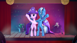 Size: 3840x2160 | Tagged: safe, artist:xppp1n, starlight glimmer, trixie, pony, rabbit, unicorn, g4, 3d, animal, cactus, cape, clothes, duo, female, hat, high res, mare, source filmmaker, stage, top hat, trixie's cape, trixie's hat