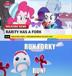 Size: 871x917 | Tagged: safe, artist:mlpfan3991, edit, edited screencap, screencap, pinkie pie, rarity, equestria girls, equestria girls specials, g4, my little pony equestria girls: better together, my little pony equestria girls: holidays unwrapped, saving pinkie's pie, break your own news, breaking news, fake, fake news, forky, meme, rarity's winter hat, spork, toy story, toy story 4