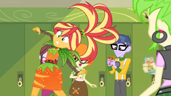 Size: 1600x900 | Tagged: safe, screencap, cherry crash, microchips, scribble dee, sunset shimmer, velvet sky, equestria girls, equestria girls series, g4, holidays unwrapped, o come all ye squashful, spoiler:eqg series (season 2), alternate hairstyle, awkward, carrot, clothes, cornucopia costumes, dress, food, how embarrassing, laughing, lockers, spikes, struggling, uncomfortable