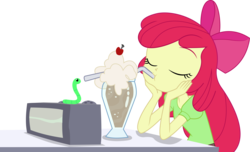 Size: 11358x6920 | Tagged: safe, artist:marcorulezzz, apple bloom, colonel wigglesworth, worm, equestria girls, equestria girls series, g4, holidays unwrapped, the cider louse fools, spoiler:eqg series (season 2), absurd resolution, clothes, drinking, eyes closed, female, milkshake, napkin, simple background, solo, table, transparent background, vector