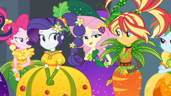 Size: 1600x900 | Tagged: safe, screencap, fluttershy, pinkie pie, rainbow dash, rarity, sunset shimmer, equestria girls, equestria girls specials, g4, my little pony equestria girls: better together, my little pony equestria girls: holidays unwrapped, o come all ye squashful, braid, carrot, clothes, corn, cornucopia costumes, dress, female, flower, flower in hair, food, gem, hat, inflatable dress, ponytail, puffy sleeves, spikes