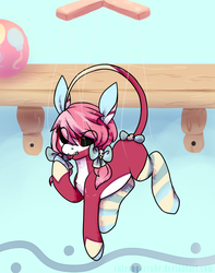 Size: 1093x1388 | Tagged: safe, artist:pomrawr, oc, oc only, earth pony, pony, bow, clothes, earth pony oc, eye clipping through hair, leonine tail, marionette, socks, solo, striped socks, tail bow