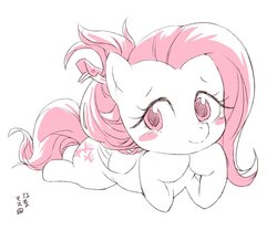 Size: 1000x872 | Tagged: safe, artist:yanamosuda, fluttershy, pegasus, pony, g4, blush sticker, blushing, cute, female, folded wings, hair accessory, hairclip, head on hoof, hoof under chin, looking at you, mare, monochrome, partial color, prone, shyabetes, simple background, solo, supporting head, three quarter view, white background, wings