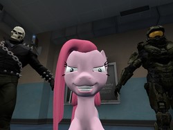 Size: 1024x768 | Tagged: safe, artist:nightmenahalo117, pinkie pie, earth pony, pony, g4, 3d, ghost rider, grin, halo (series), marvel comics, master chief, pinkamena diane pie, smiling, stare, t pose