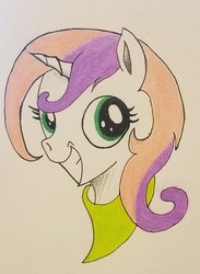 Size: 1498x2041 | Tagged: safe, artist:polar_storm, sweetie belle, pony, unicorn, g4, bust, colored sketch, female, filly, green eyes, happy, simple background, solo, traditional art, white background