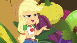 Size: 1600x900 | Tagged: safe, screencap, applejack, equestria girls, equestria girls specials, g4, my little pony equestria girls: better together, my little pony equestria girls: holidays unwrapped, female, geode of super strength, hat, magical geodes, pumpkin, solo, vegetables
