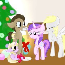 Size: 500x500 | Tagged: safe, artist:wisheslotus, amethyst star, derpy hooves, dinky hooves, doctor whooves, sparkler, time turner, earth pony, pegasus, pony, unicorn, g4, christmas, christmas tree, eyes closed, female, filly, holiday, male, mare, mouth hold, present, raised hoof, stallion, tree