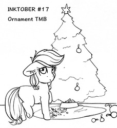 Size: 1064x1167 | Tagged: safe, artist:tillie-tmb, applejack, earth pony, pony, g4, christmas, christmas ornament, christmas tree, decoration, female, filly, filly applejack, holiday, inktober, inktober 2019, monochrome, solo, tree, younger
