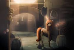 Size: 1086x736 | Tagged: safe, artist:ststayss, oc, oc only, pony, unicorn, barrel, glowing horn, horn, solo, speedpaint, street