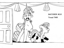 Size: 2001x1514 | Tagged: safe, artist:tillie-tmb, rarity, sweetie belle, pony, unicorn, g4, faic, female, filly, inktober, inktober 2019, mare, monochrome, mud, muddy hooves, saddle bag, shocked expression, siblings, sisters
