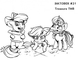 Size: 1282x989 | Tagged: safe, artist:tillie-tmb, apple bloom, scootaloo, sweetie belle, earth pony, pegasus, pony, unicorn, g4, cutie mark crusaders, inktober, inktober 2019, map, monochrome, mouth hold, shovel