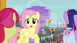 Size: 1920x1080 | Tagged: safe, screencap, apple bloom, bloofy, fluttershy, twilight sparkle, alicorn, pony, whirling mungtooth, g4, growing up is hard to do, flower, saddle bag, twilight sparkle (alicorn), wishing flower